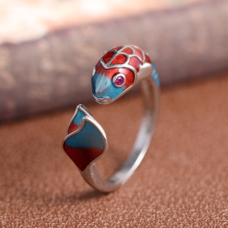 Chinese Style Enamel Open Silver Ring
