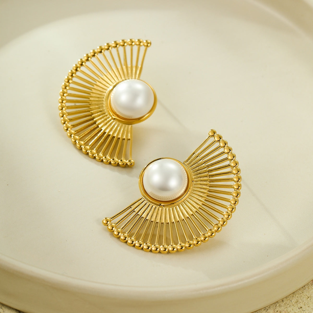 Retro Minority Titanium Steel Fan-shaped Striped Pearl Stainless Steel Studs Women's Fashion Ornament
