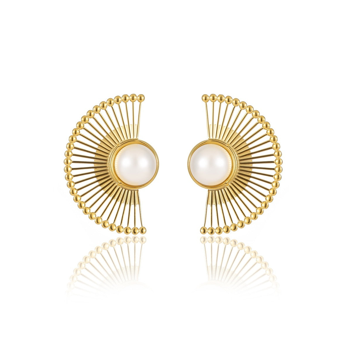 Retro Minority Titanium Steel Fan-shaped Striped Pearl Stainless Steel Studs Women's Fashion Ornament