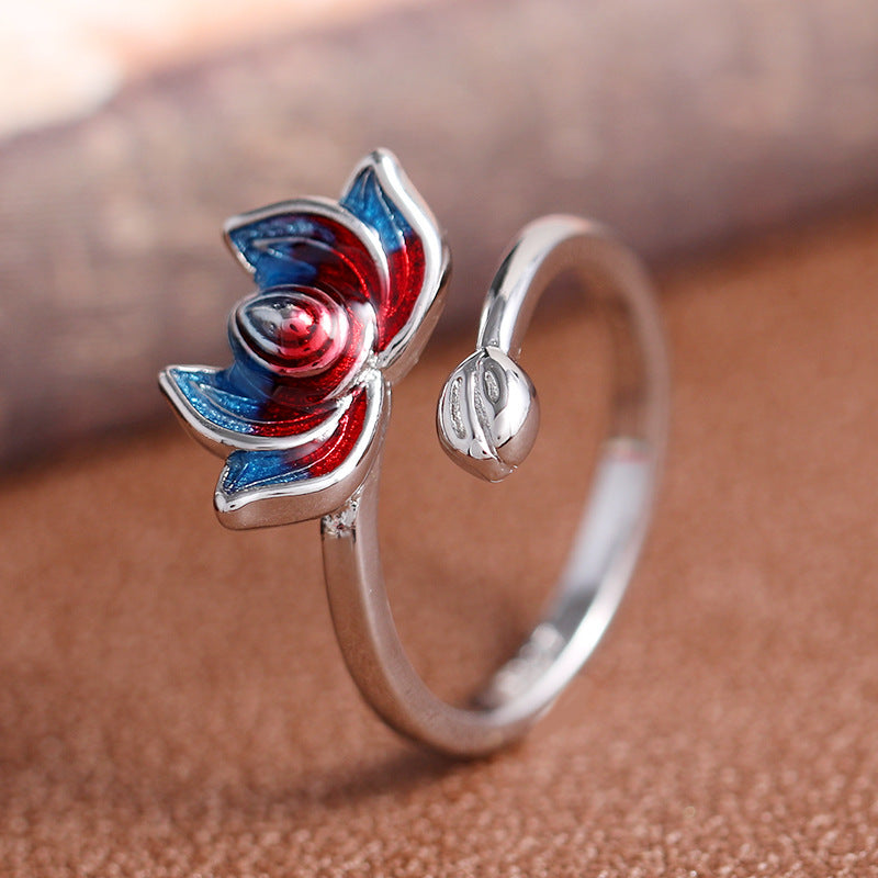 Chinese Style Enamel Open Silver Ring