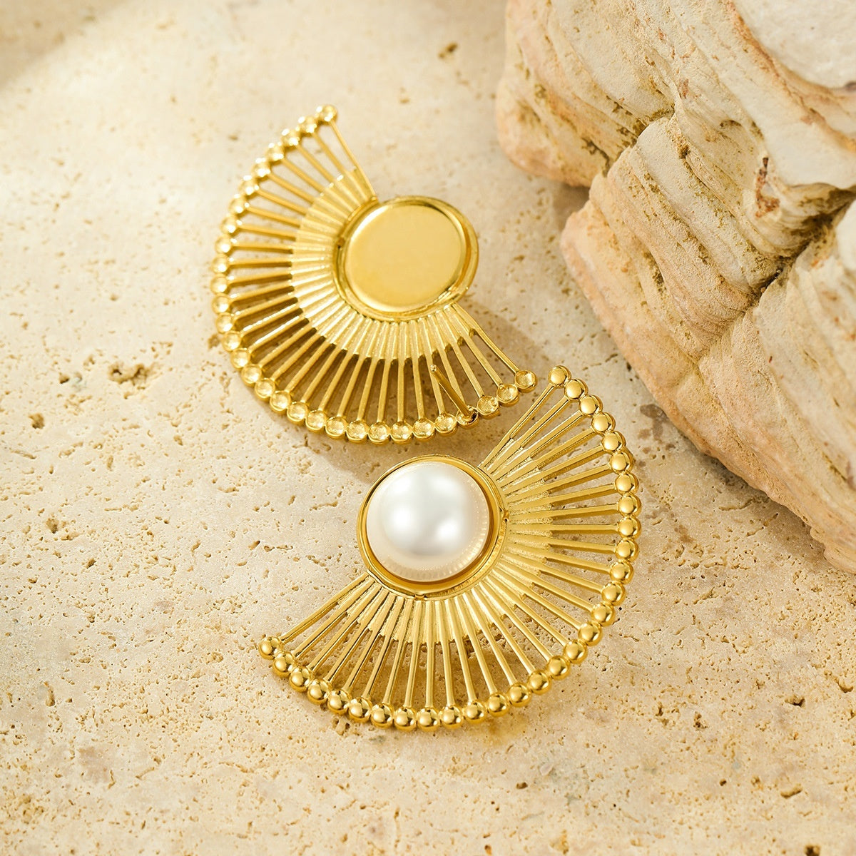 Retro Minority Titanium Steel Fan-shaped Striped Pearl Stainless Steel Studs Women's Fashion Ornament