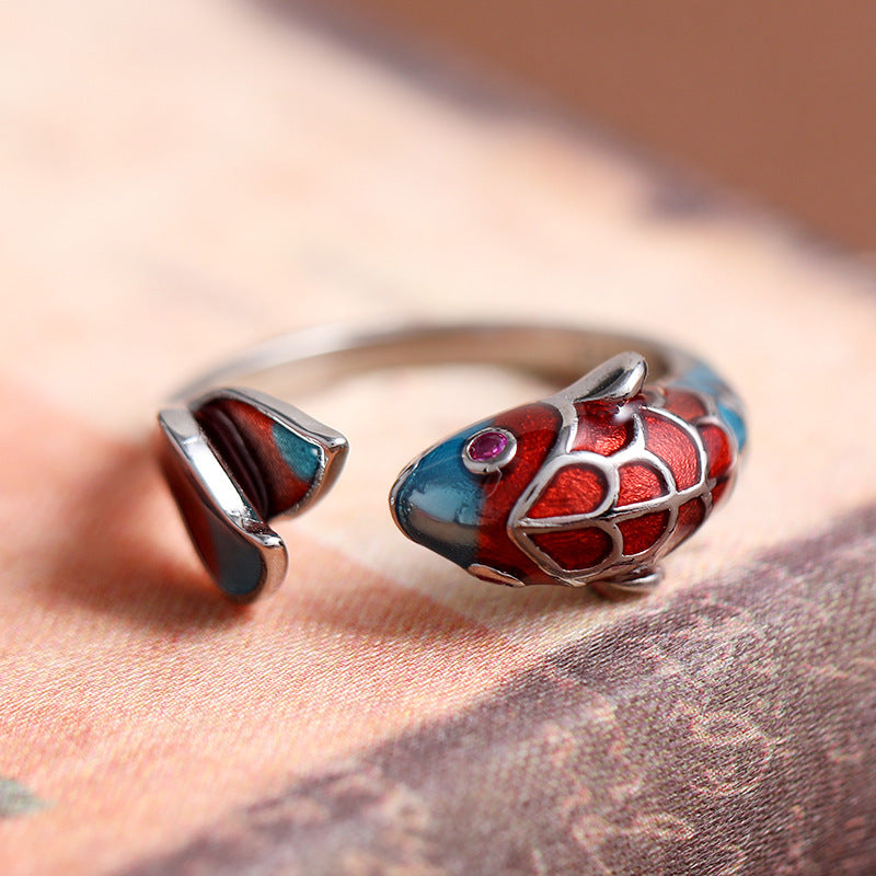 Chinese Style Enamel Open Silver Ring