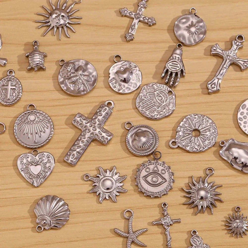 Face Sun Oval Cross Sunflower Relief Long Eyelashes Sparkling Eyes A Rose Round Pendant 316L Stainless Steel Silver Color