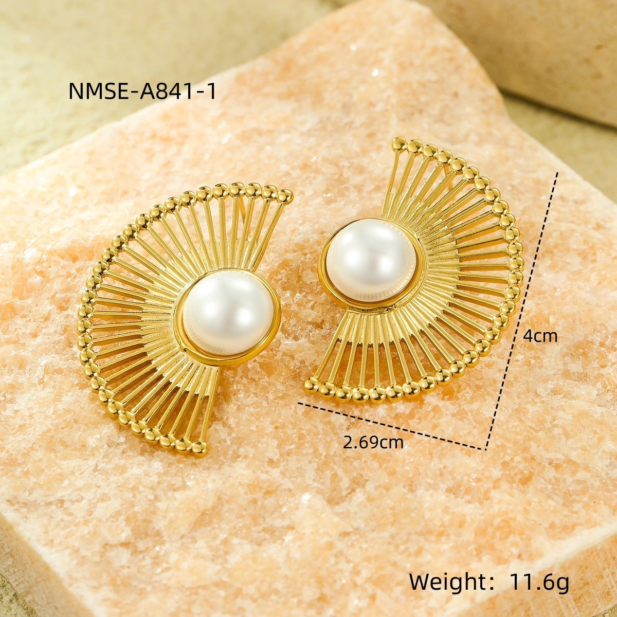 Retro Minority Titanium Steel Fan-shaped Striped Pearl Stainless Steel Studs Women's Fashion Ornament