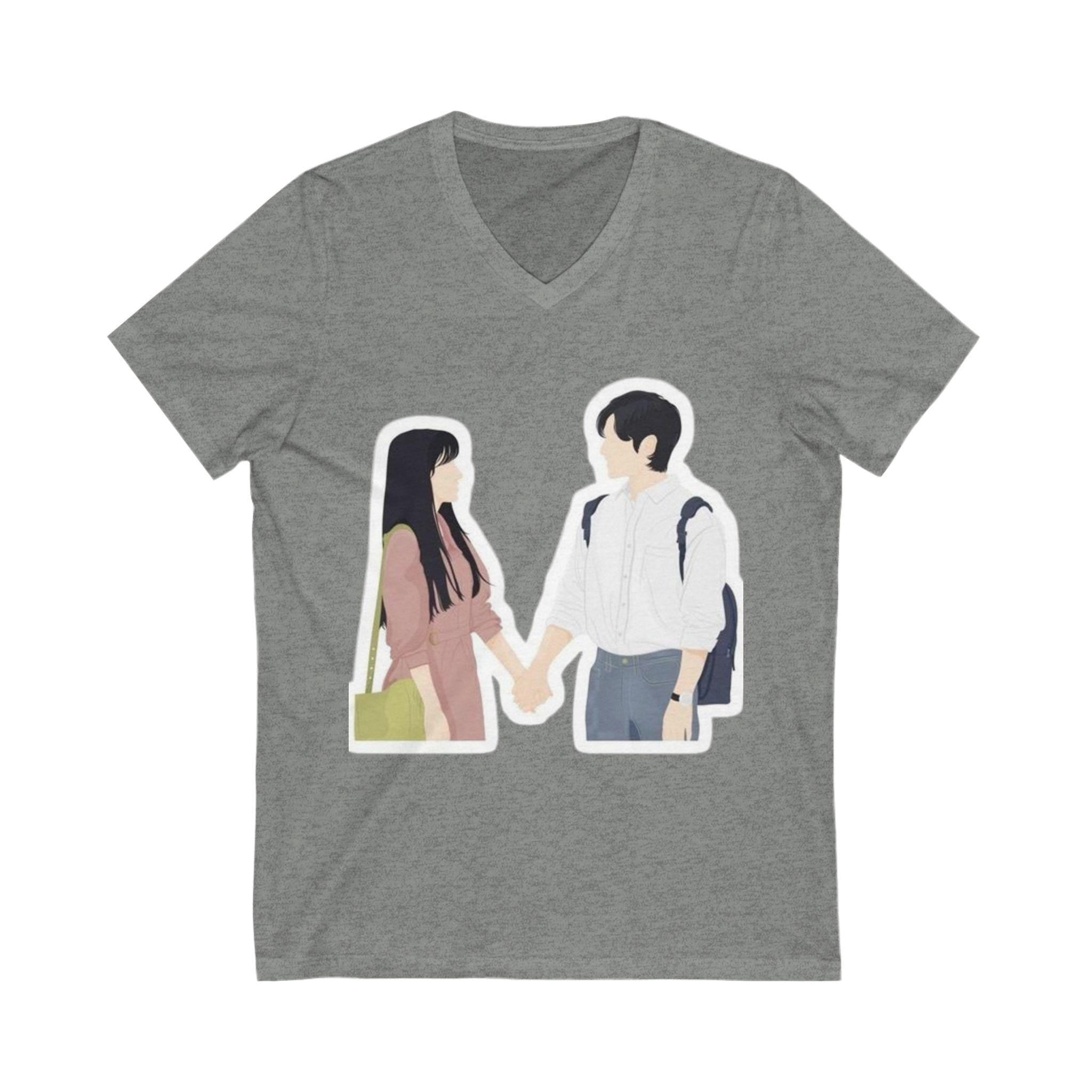 Two Lovers Design Unisex Jersey Short Sleeve V-Neck Tee, Romantic and Stylish, Perfect for Couples or K-Drama Fans, Comfortable, Trendy Gift