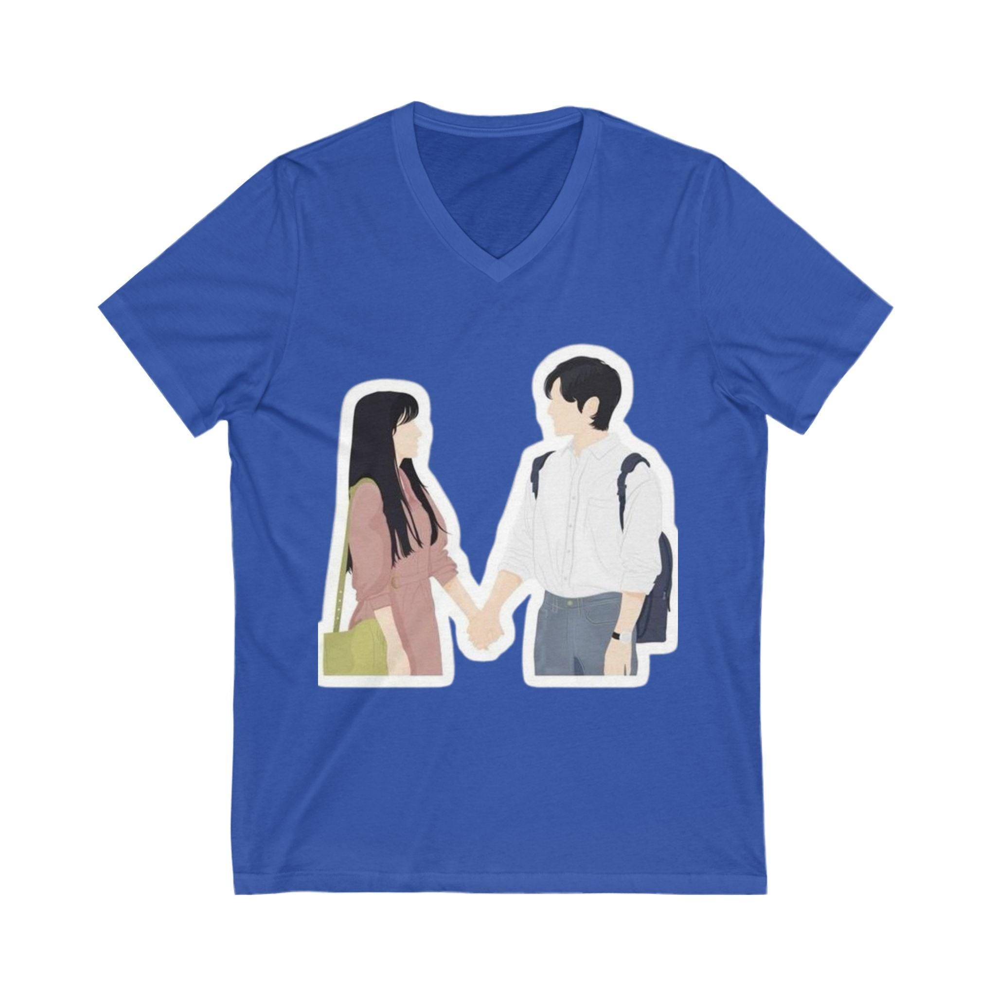 Two Lovers Design Unisex Jersey Short Sleeve V-Neck Tee, Romantic and Stylish, Perfect for Couples or K-Drama Fans, Comfortable, Trendy Gift