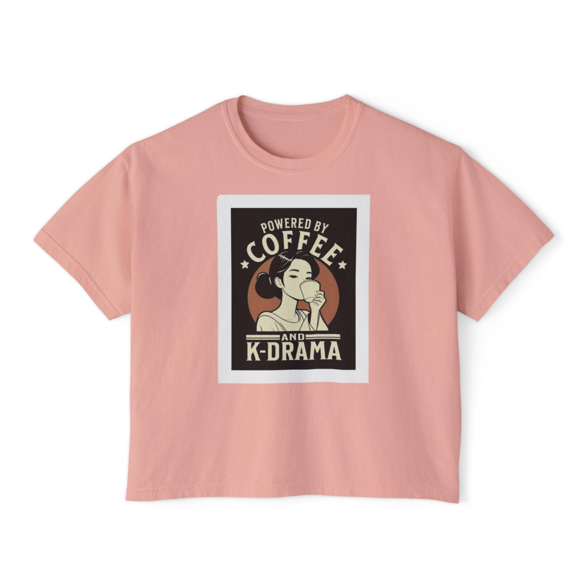 K-Drama Cute Lady Drinking Coffee Women's Boxy Tee, Coffee and K-Drama Lover Shirt, Comfortable Stylish, Perfect Gift for Drama Fans