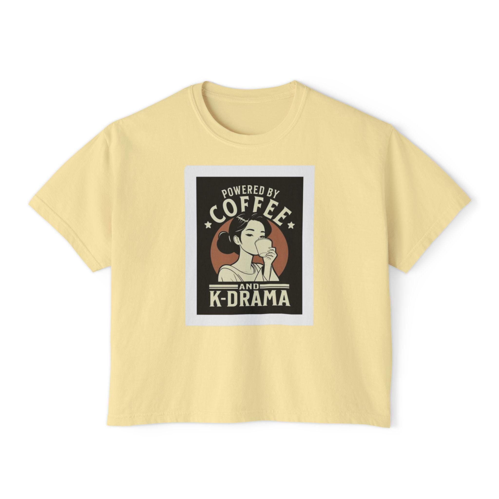 K-Drama Cute Lady Drinking Coffee Women's Boxy Tee, Coffee and K-Drama Lover Shirt, Comfortable Stylish, Perfect Gift for Drama Fans