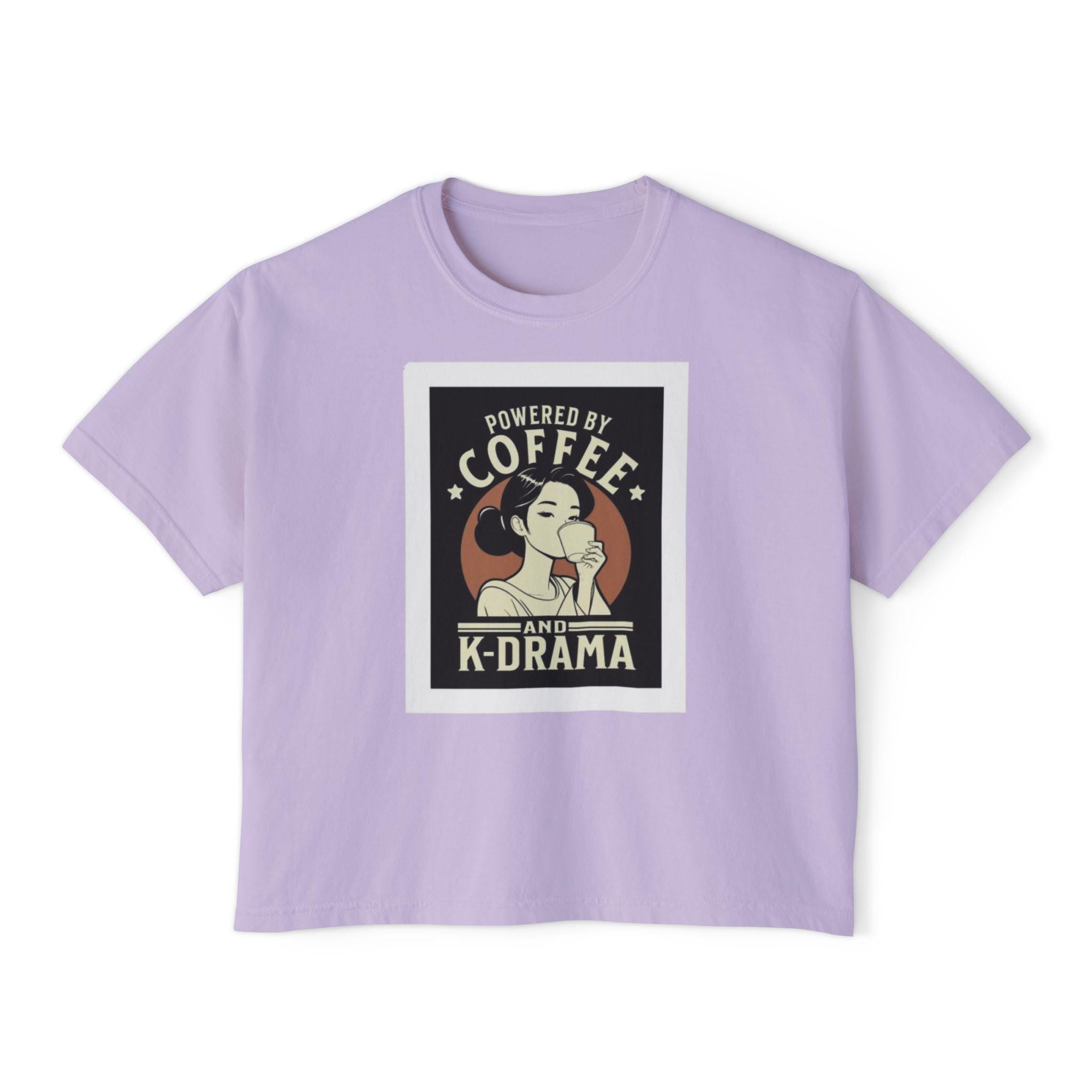 K-Drama Cute Lady Drinking Coffee Women's Boxy Tee, Coffee and K-Drama Lover Shirt, Comfortable Stylish, Perfect Gift for Drama Fans
