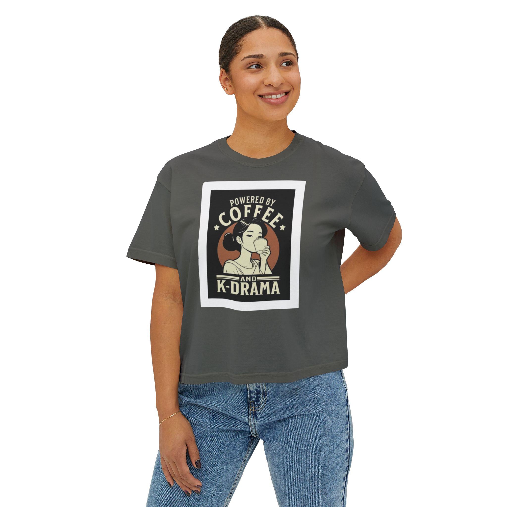 K-Drama Cute Lady Drinking Coffee Women's Boxy Tee, Coffee and K-Drama Lover Shirt, Comfortable Stylish, Perfect Gift for Drama Fans