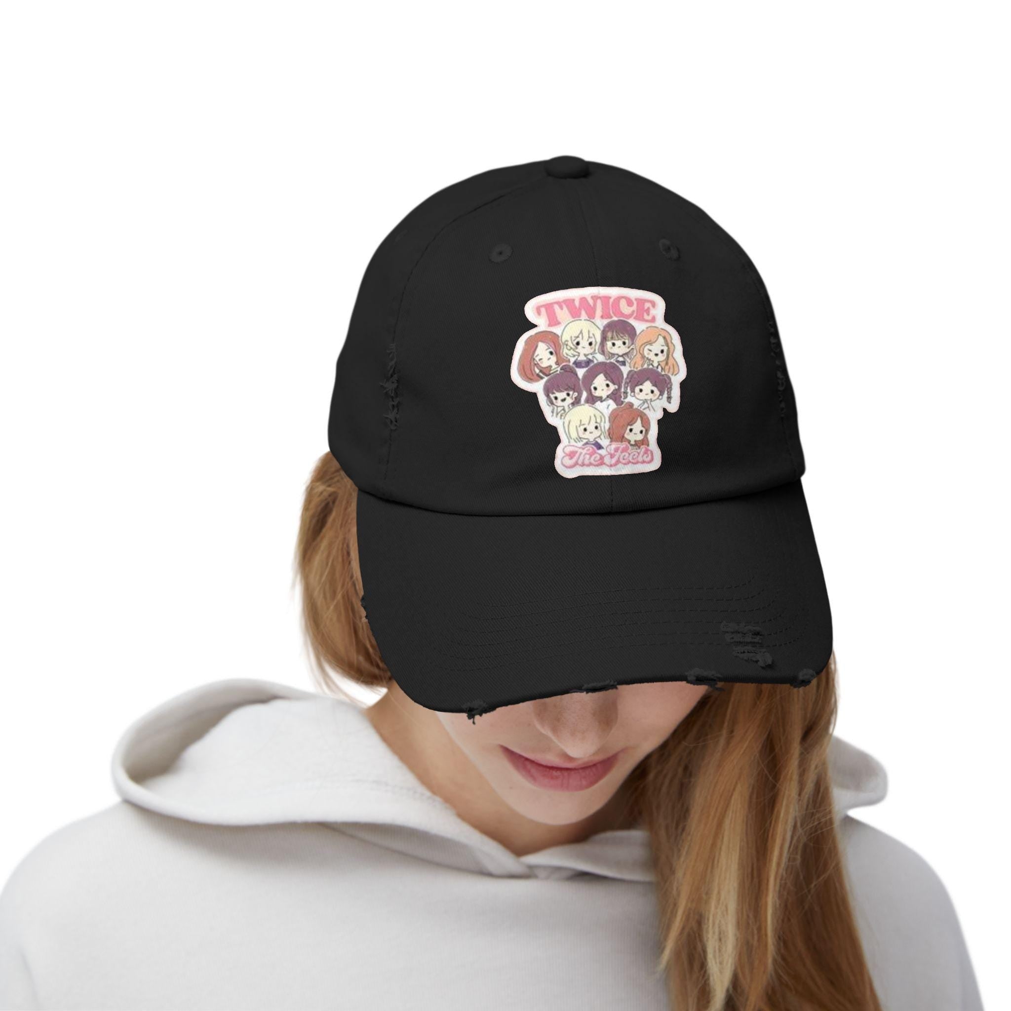 Twice the Feels Baby Graphic K-Drama Distressed Cap, K-Pop Embroidered Hat, Korean Drama Hat, Baseball Cap for K-Drama Fans, Adjustable Hat