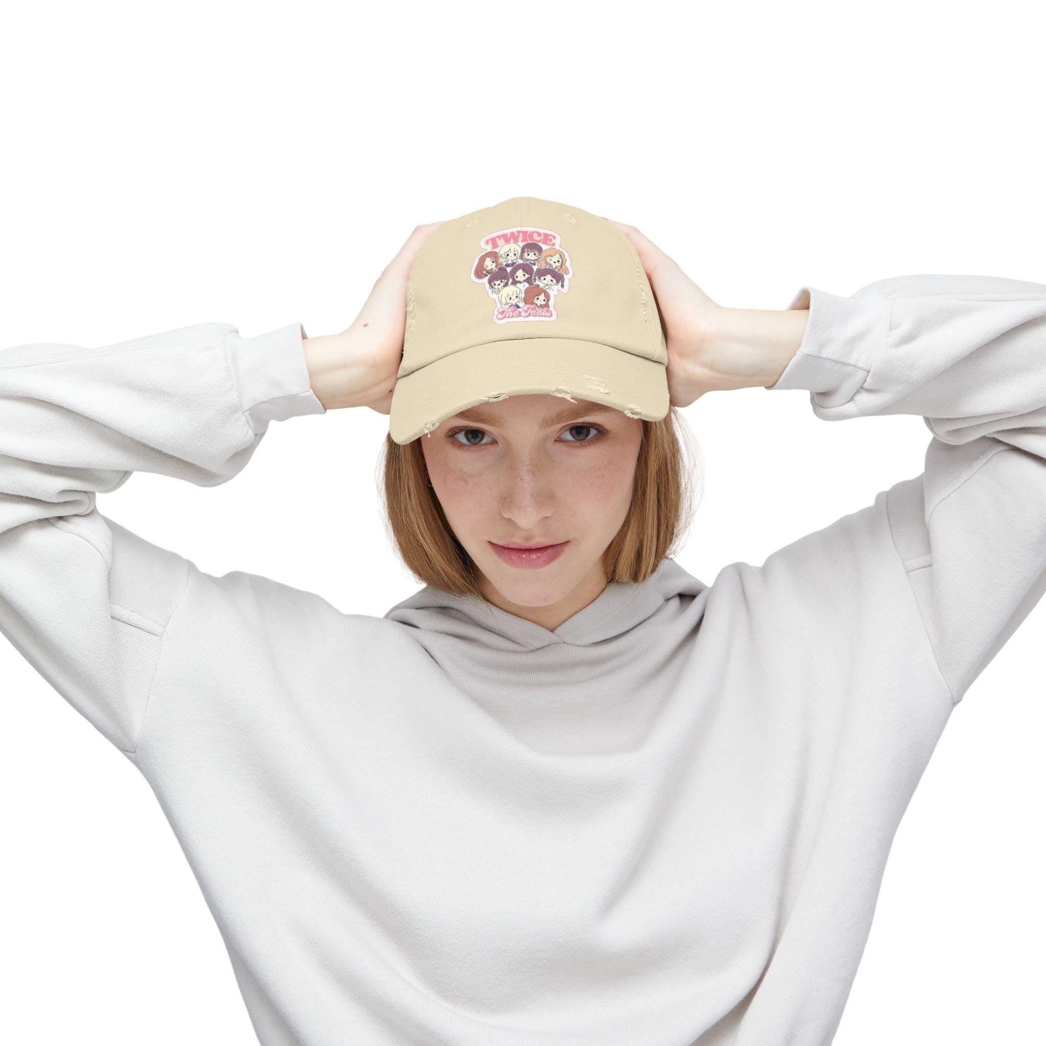 Twice the Feels Baby Graphic K-Drama Distressed Cap, K-Pop Embroidered Hat, Korean Drama Hat, Baseball Cap for K-Drama Fans, Adjustable Hat