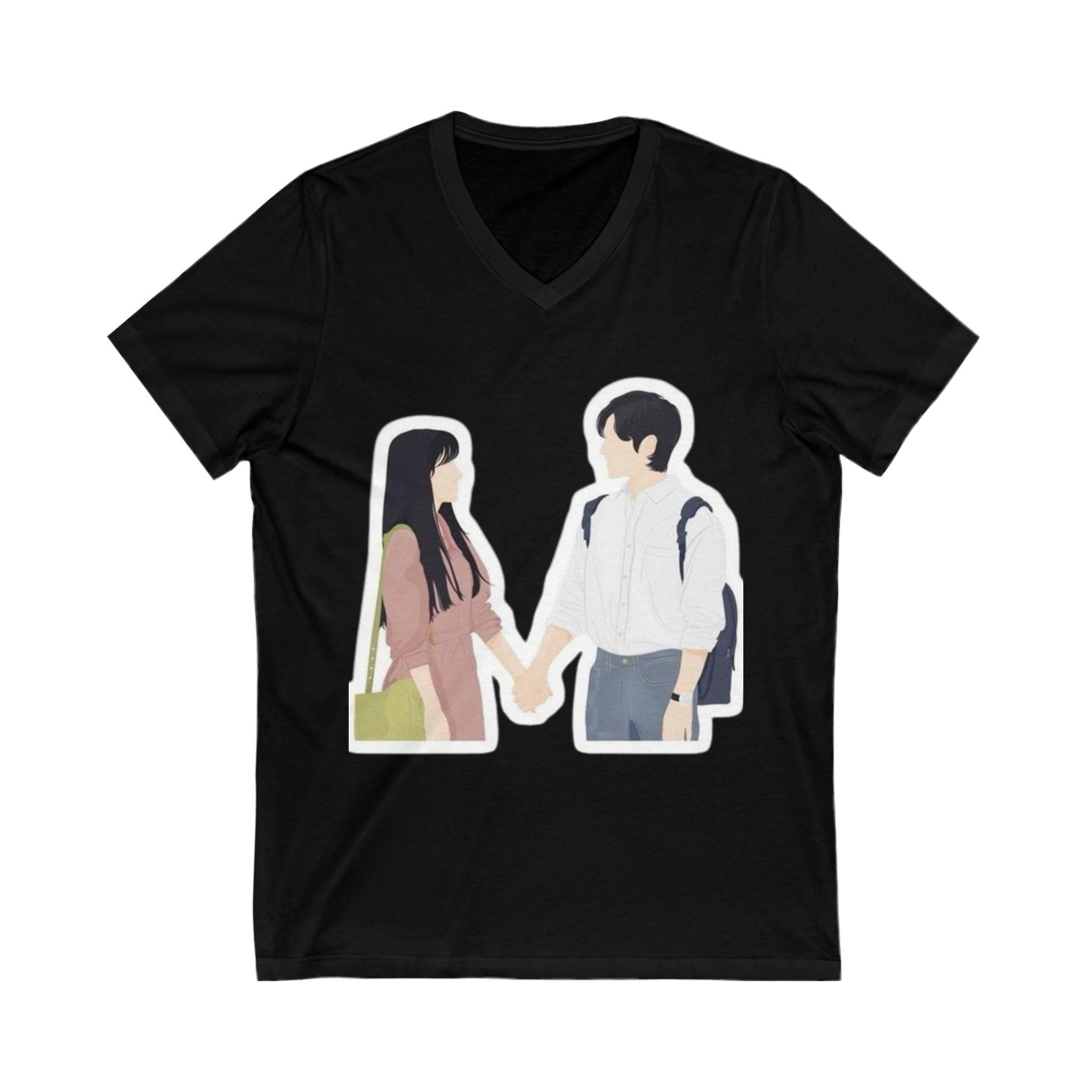 Two Lovers Design Unisex Jersey Short Sleeve V-Neck Tee, Romantic and Stylish, Perfect for Couples or K-Drama Fans, Comfortable, Trendy Gift