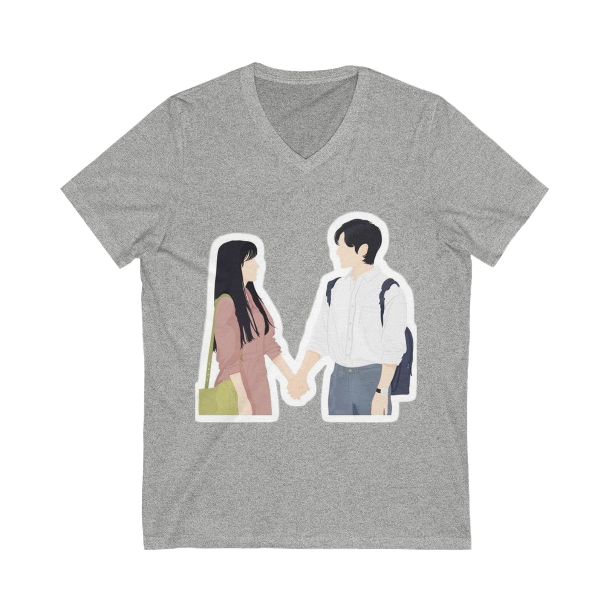 Two Lovers Design Unisex Jersey Short Sleeve V-Neck Tee, Romantic and Stylish, Perfect for Couples or K-Drama Fans, Comfortable, Trendy Gift