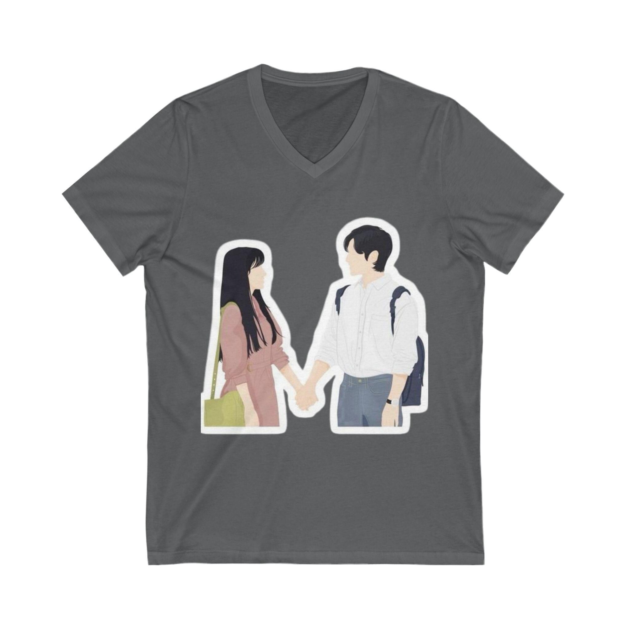 Two Lovers Design Unisex Jersey Short Sleeve V-Neck Tee, Romantic and Stylish, Perfect for Couples or K-Drama Fans, Comfortable, Trendy Gift