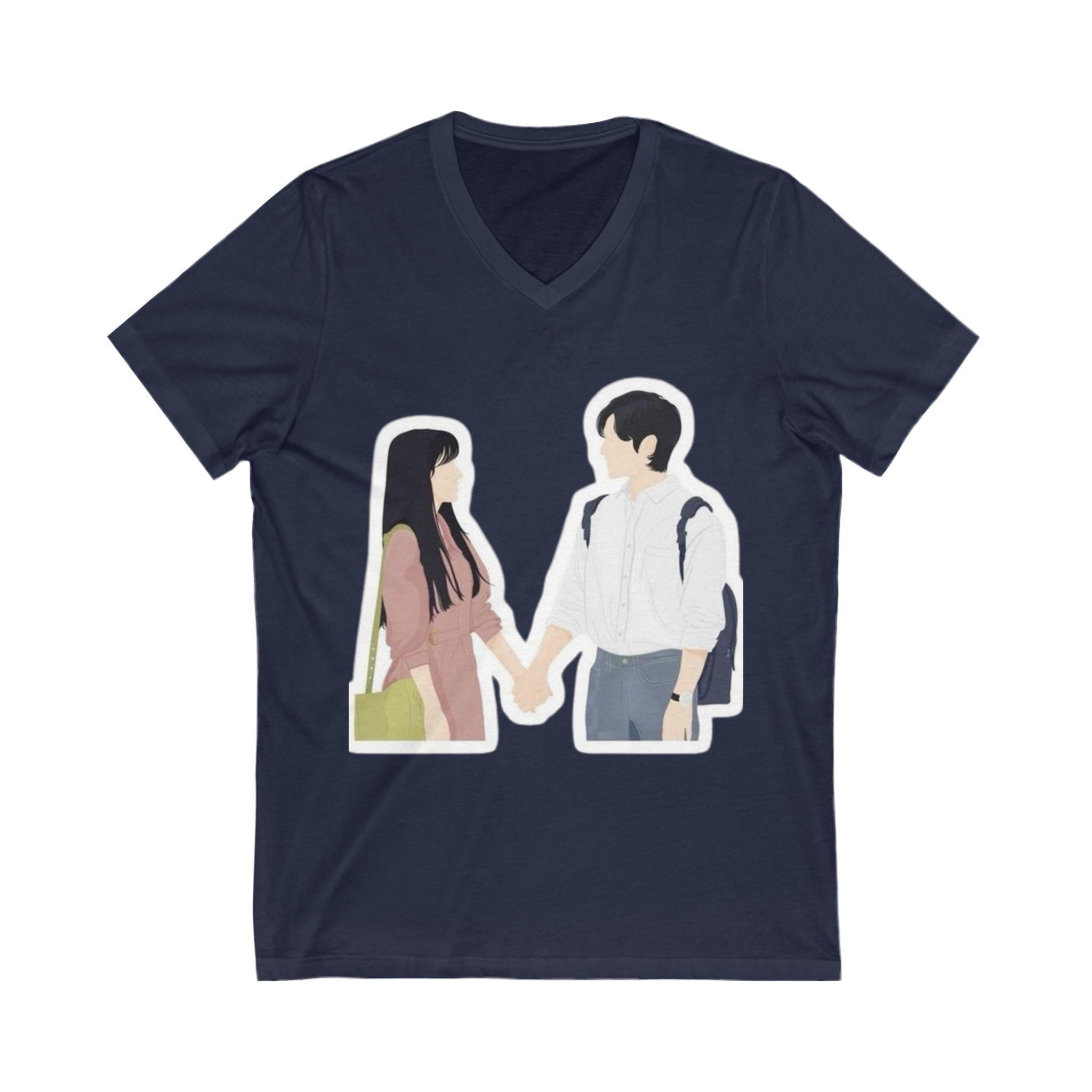 Two Lovers Design Unisex Jersey Short Sleeve V-Neck Tee, Romantic and Stylish, Perfect for Couples or K-Drama Fans, Comfortable, Trendy Gift