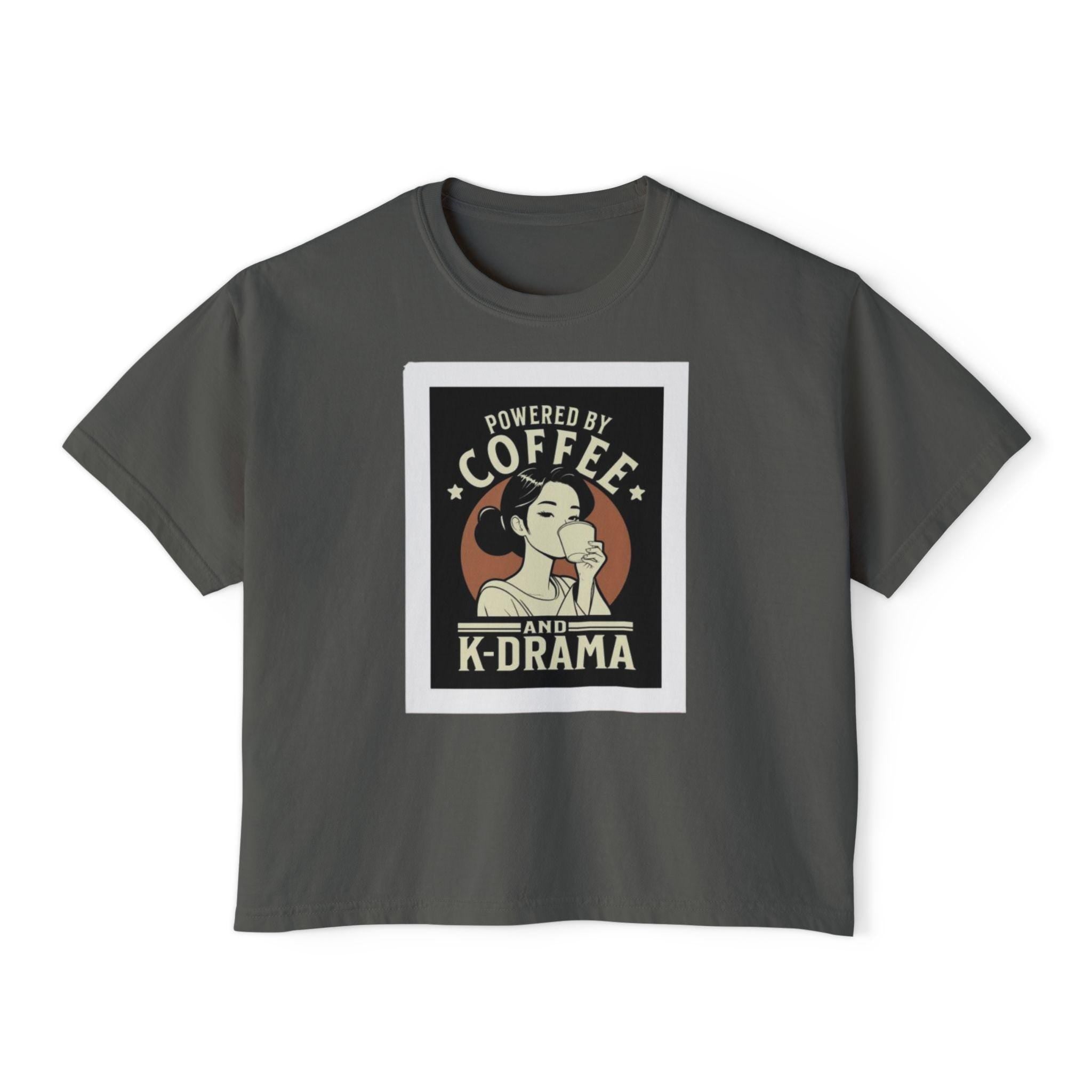 K-Drama Cute Lady Drinking Coffee Women's Boxy Tee, Coffee and K-Drama Lover Shirt, Comfortable Stylish, Perfect Gift for Drama Fans