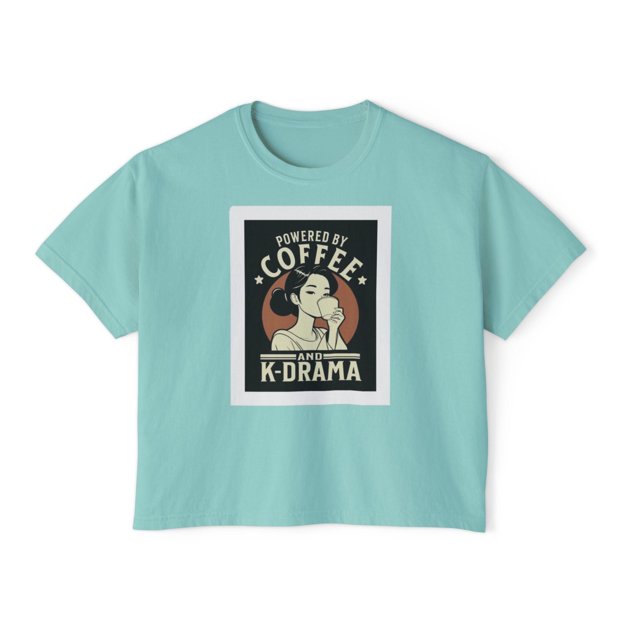 K-Drama Cute Lady Drinking Coffee Women's Boxy Tee, Coffee and K-Drama Lover Shirt, Comfortable Stylish, Perfect Gift for Drama Fans