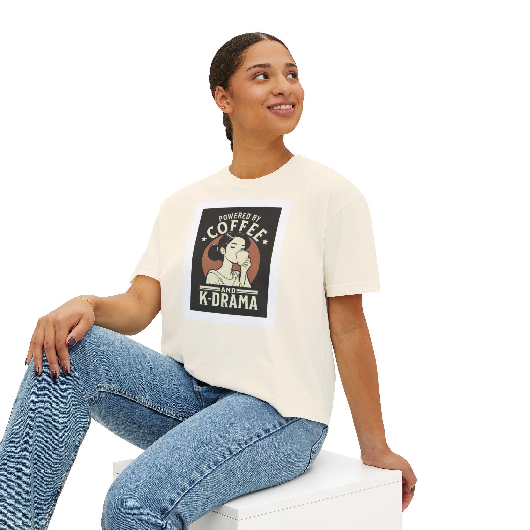 K-Drama Cute Lady Drinking Coffee Women's Boxy Tee, Coffee and K-Drama Lover Shirt, Comfortable Stylish, Perfect Gift for Drama Fans