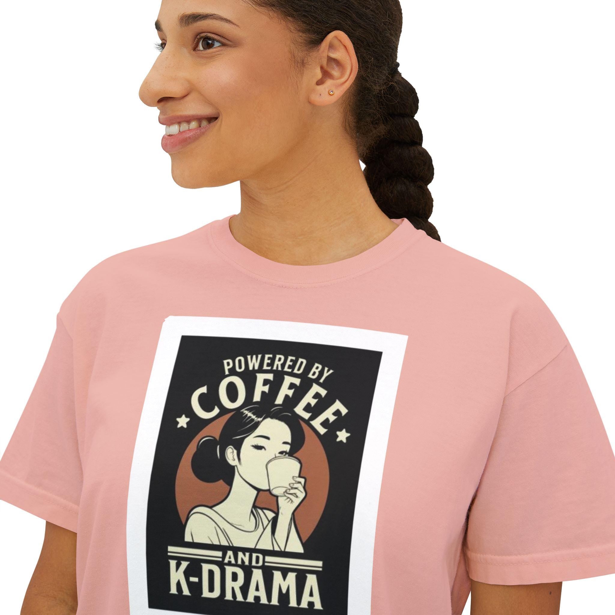K-Drama Cute Lady Drinking Coffee Women's Boxy Tee, Coffee and K-Drama Lover Shirt, Comfortable Stylish, Perfect Gift for Drama Fans