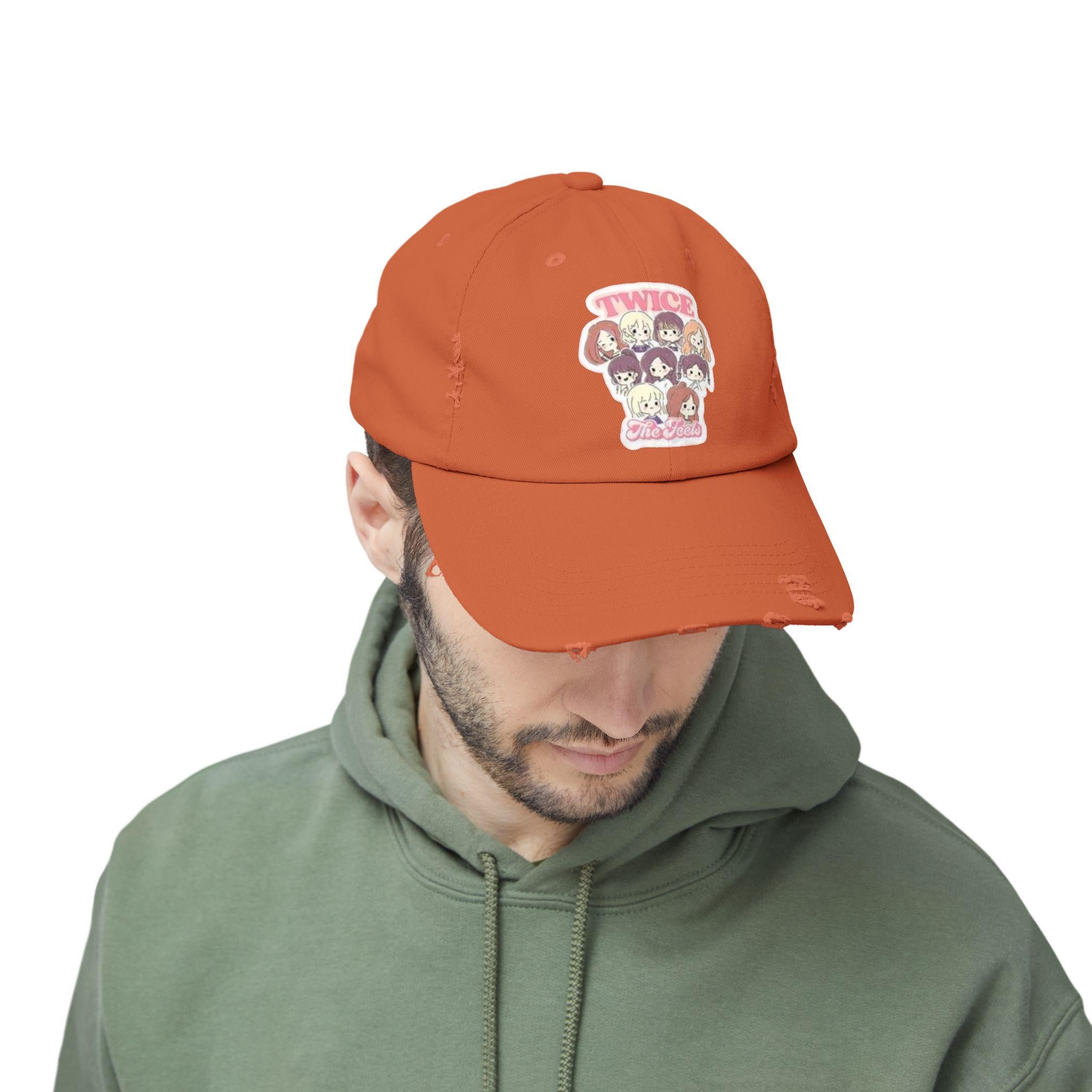 Twice the Feels Baby Graphic K-Drama Distressed Cap, K-Pop Embroidered Hat, Korean Drama Hat, Baseball Cap for K-Drama Fans, Adjustable Hat