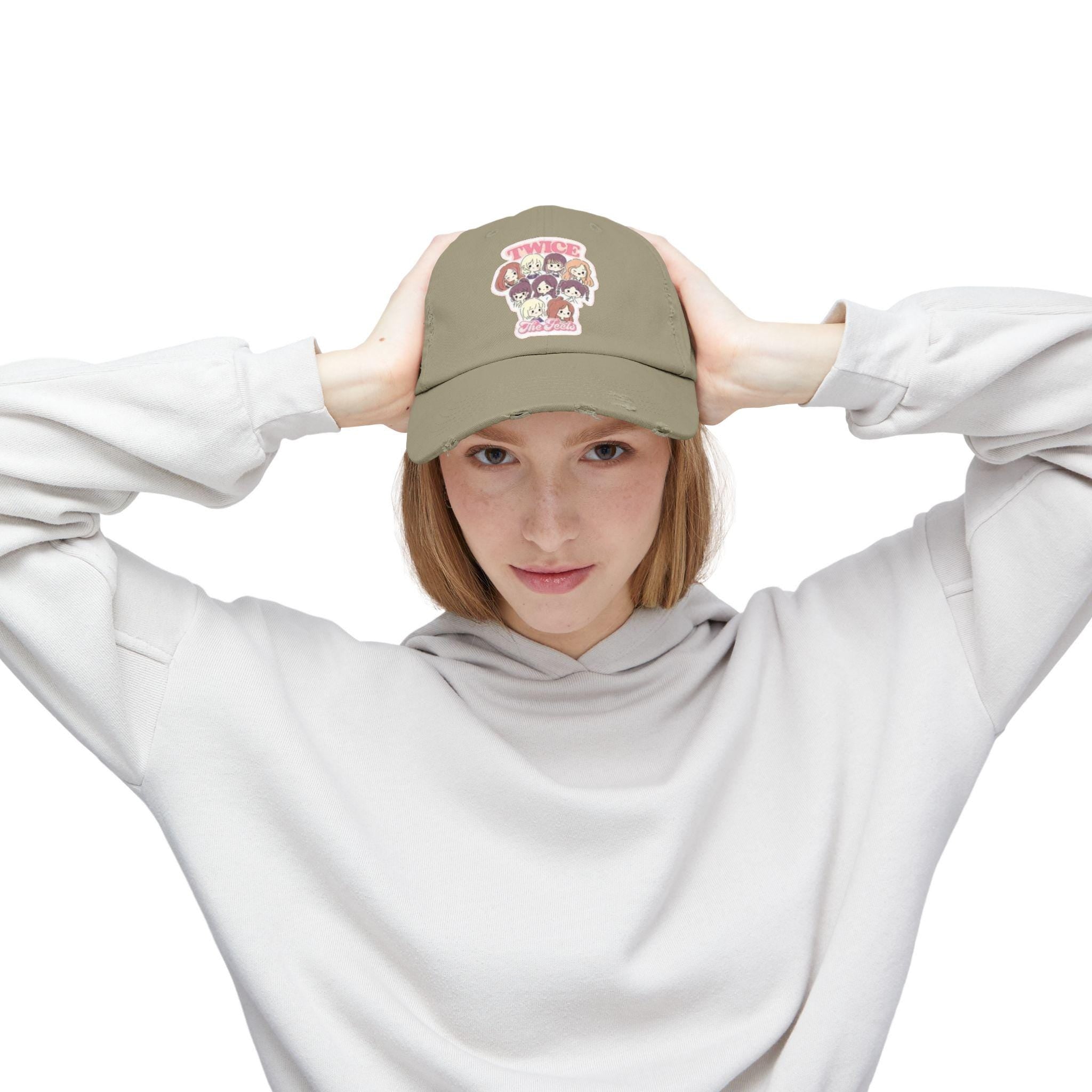 Twice the Feels Baby Graphic K-Drama Distressed Cap, K-Pop Embroidered Hat, Korean Drama Hat, Baseball Cap for K-Drama Fans, Adjustable Hat