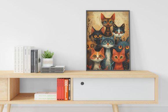 Funky Cats Painting Beautiful Wall Art, Whimsical Funky Cats Art Print, Funky Cat Painting Wall Art, Digital Wall Art