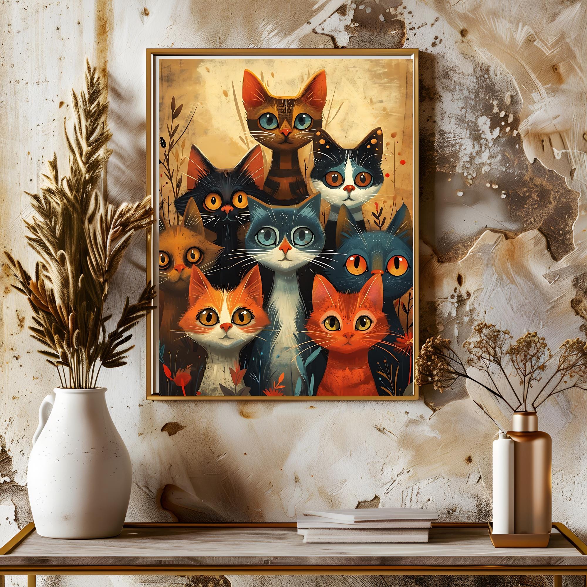 Funky Cats Painting Beautiful Wall Art, Whimsical Funky Cats Art Print, Funky Cat Painting Wall Art, Digital Wall Art