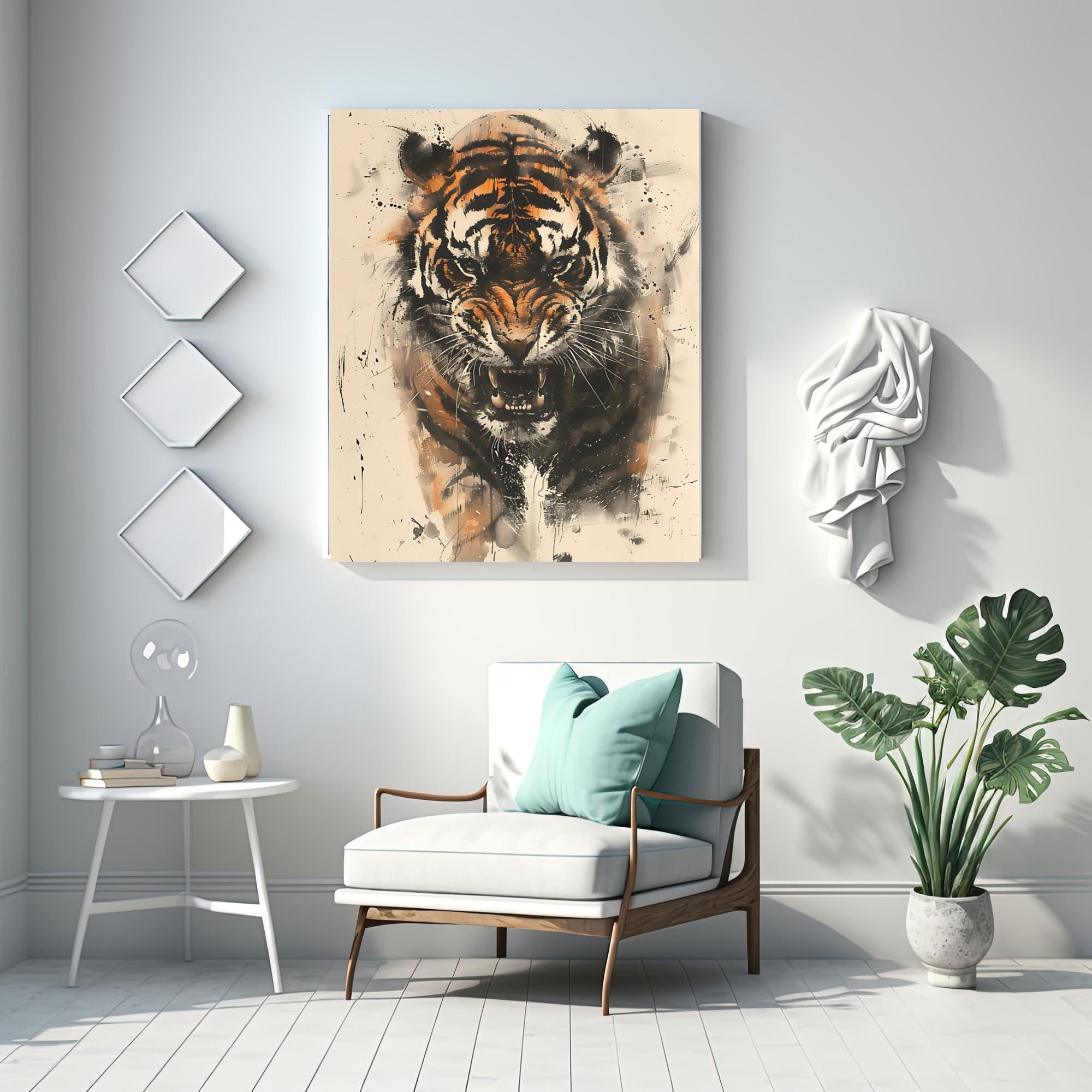 Angry Tiger Ink Painting Wall Art, Tiger Ink Art Printable, Fierce Tiger Wall Art Printable