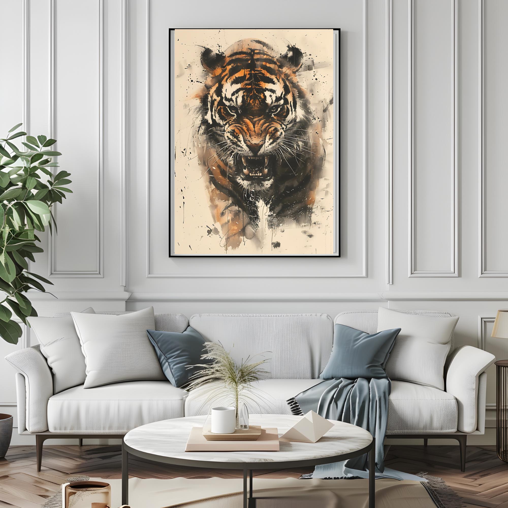 Angry Tiger Ink Painting Wall Art, Tiger Ink Art Printable, Fierce Tiger Wall Art Printable