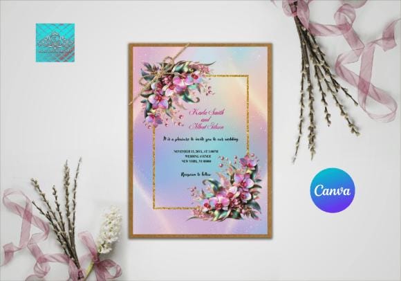 Wedding Invite, Canva Editable Template, Orchid
