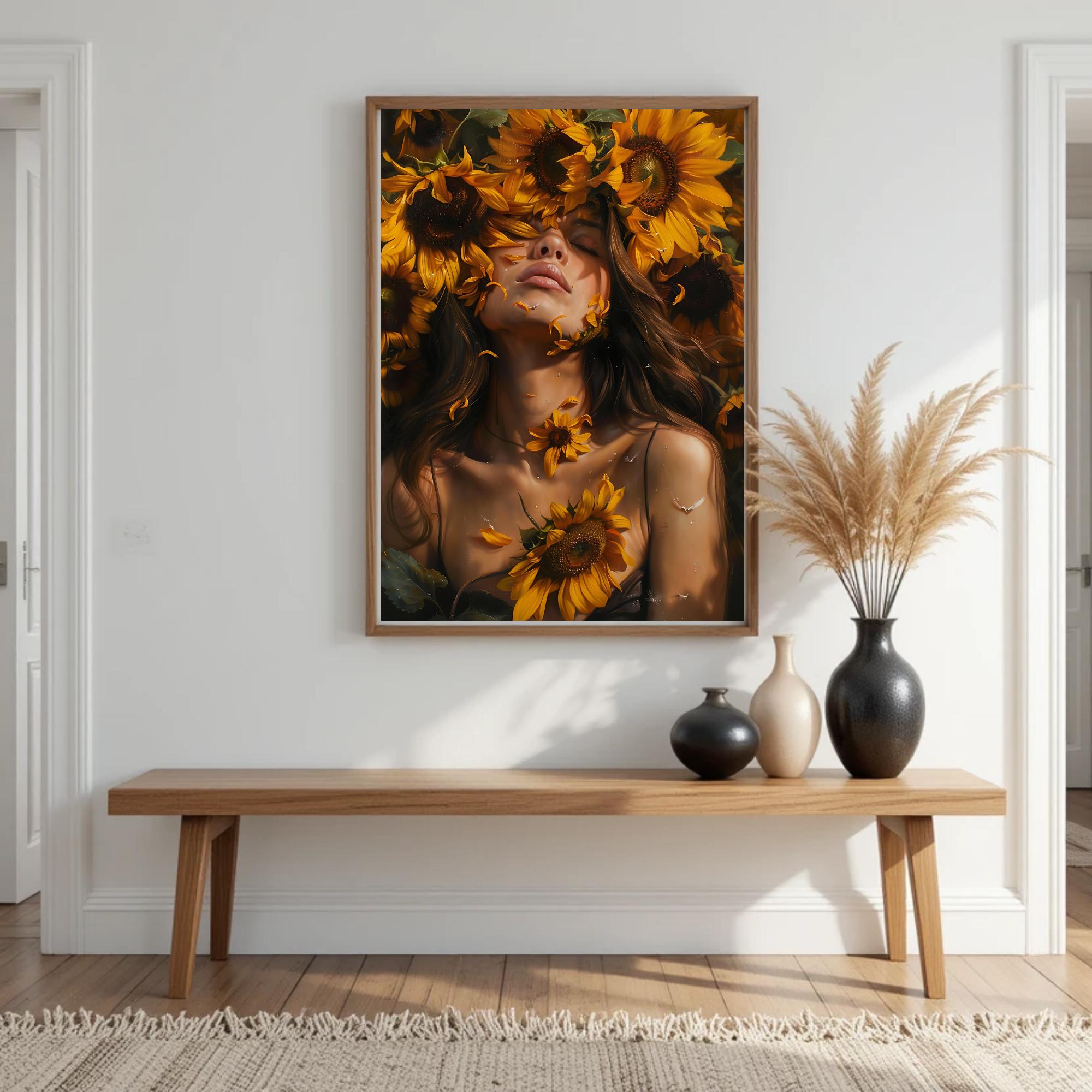 Sunflower Girl Wall Art, Bohemian Sunflower Girl Printable Art, Sunflower Girl Digital Wall Art