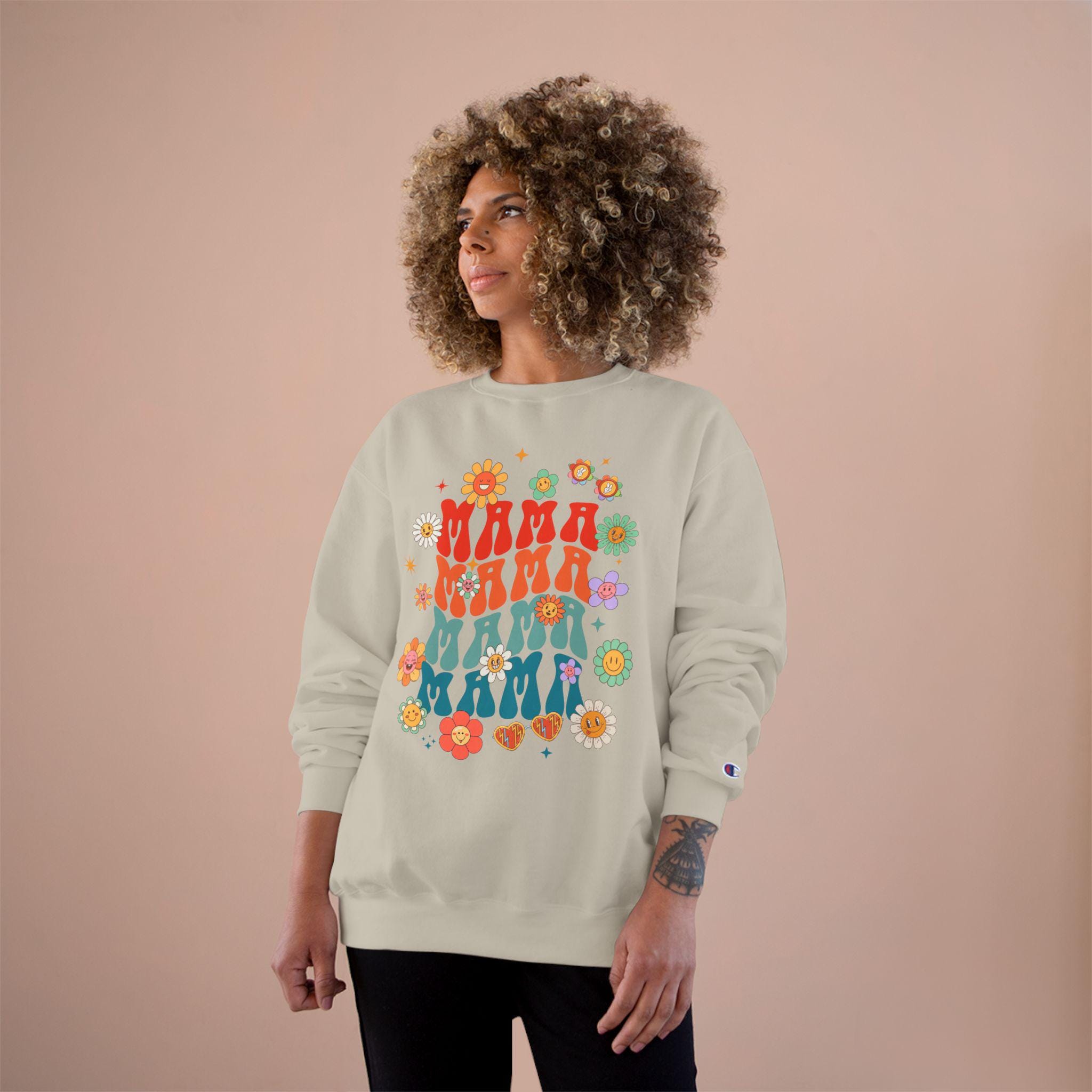 Colorful Floral Mom Champion Sweatshirt, Gift for Mom, Stylish Sweatshirt, Spring Fashion, Cozy Apparel, Mother's Day Gift