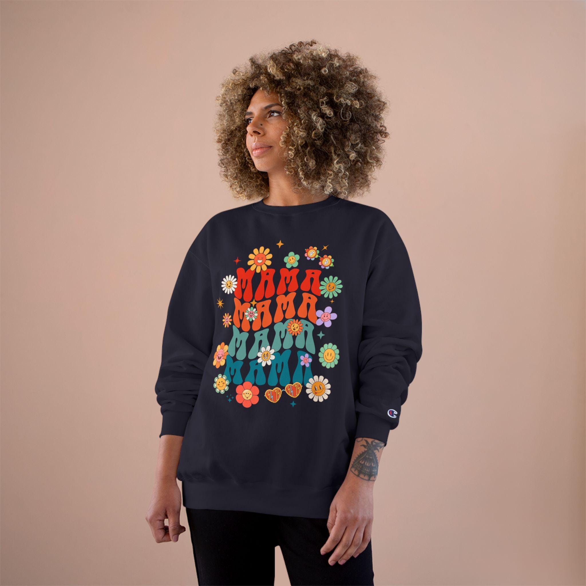 Colorful Floral Mom Champion Sweatshirt, Gift for Mom, Stylish Sweatshirt, Spring Fashion, Cozy Apparel, Mother's Day Gift