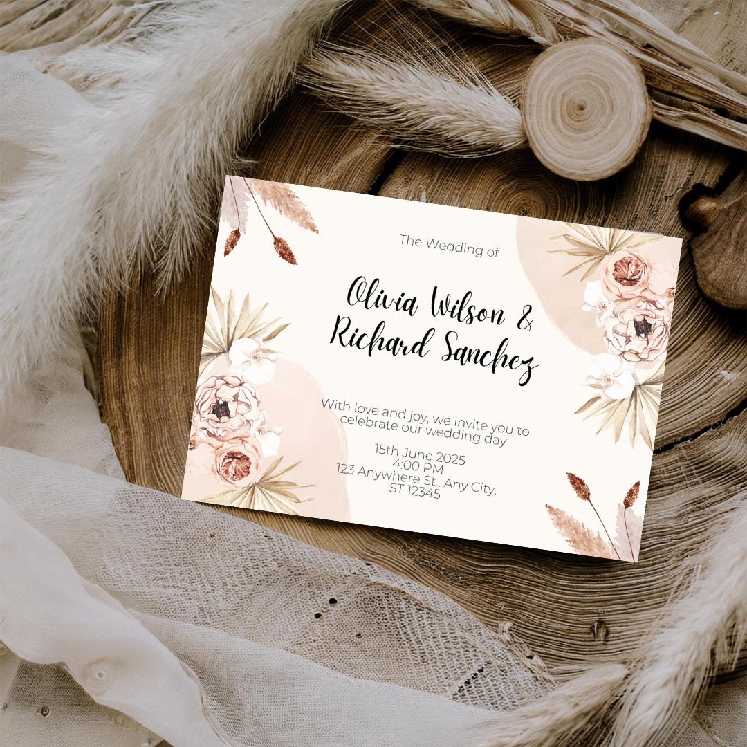 Blush Floral Wedding Invitation | Boho Rustic Printable Wedding Card Template (Editable PDF)