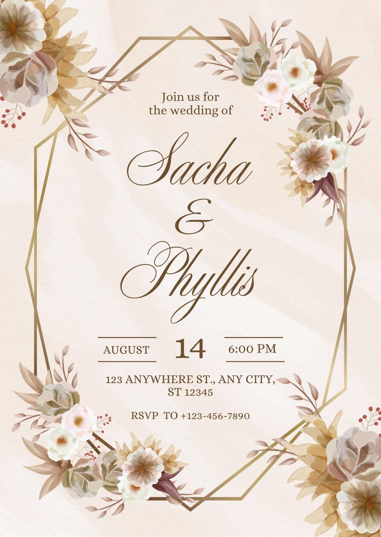 Rustic Gold Floral Wedding Invitation | Editable Printable Wedding Card Template