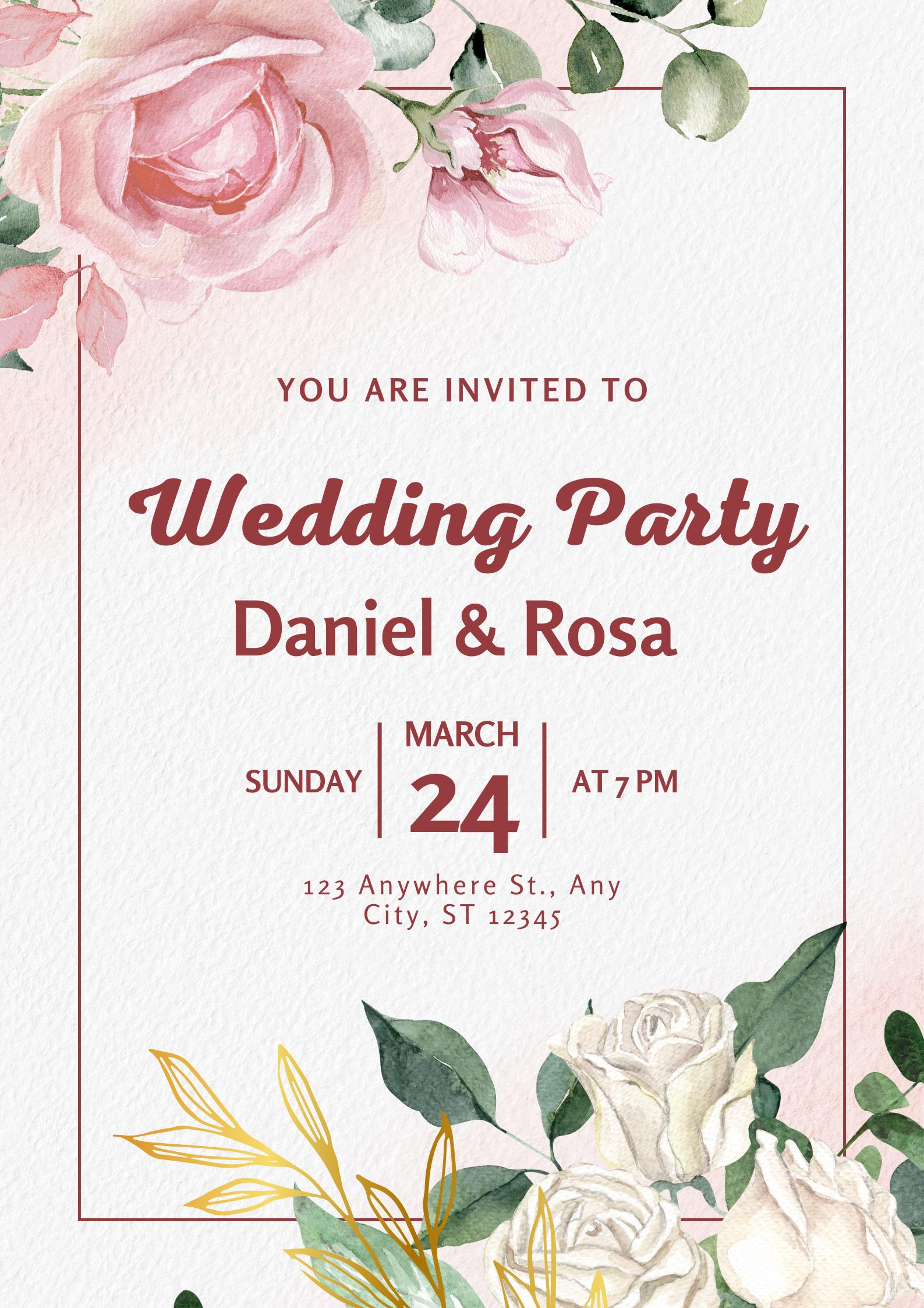 Floral Wedding Party Invitation | Blush Pink & Rose Printable Invite | Elegant Garden Wedding Template | Editable Digital Card