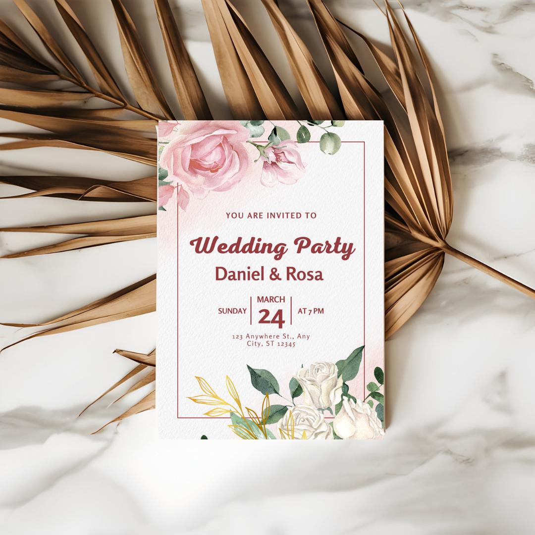 Floral Wedding Party Invitation | Blush Pink & Rose Printable Invite | Elegant Garden Wedding Template | Editable Digital Card