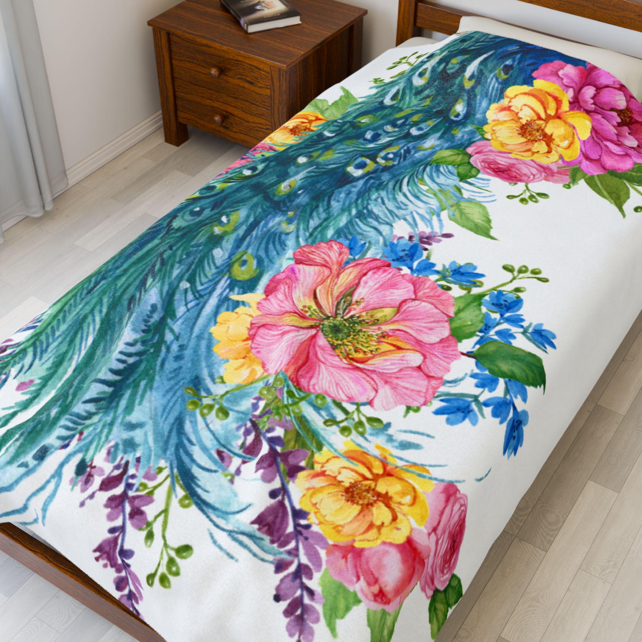 Floral Peacock Plush Blanket | Cozy Decorative Throw | Perfect for Home Decor, Gift for Her, Birthday, or Wedding