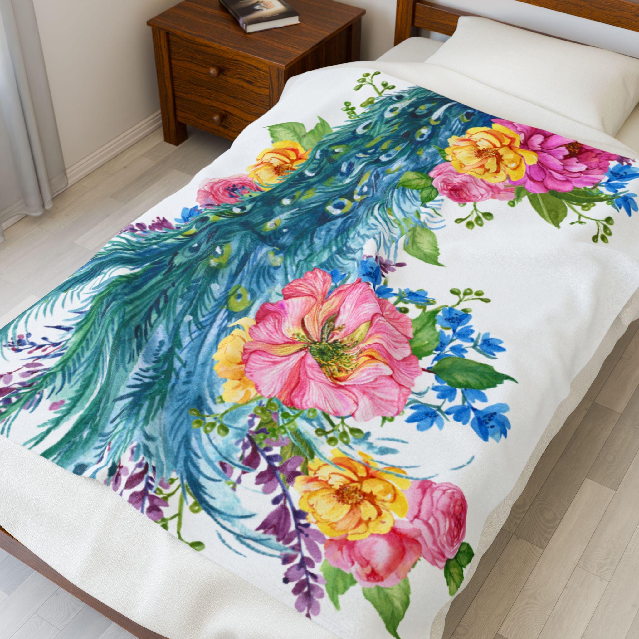 Floral Peacock Plush Blanket | Cozy Decorative Throw | Perfect for Home Decor, Gift for Her, Birthday, or Wedding