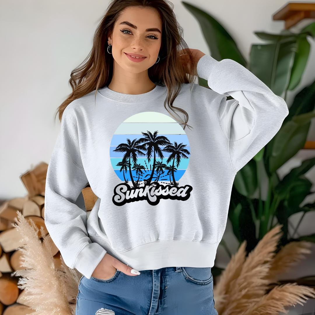 Sunkissed Palm Tree Sweatshirt, Unisex Crewneck, Beach Vibes, Summer Apparel, Casual Wear, Gift for Her