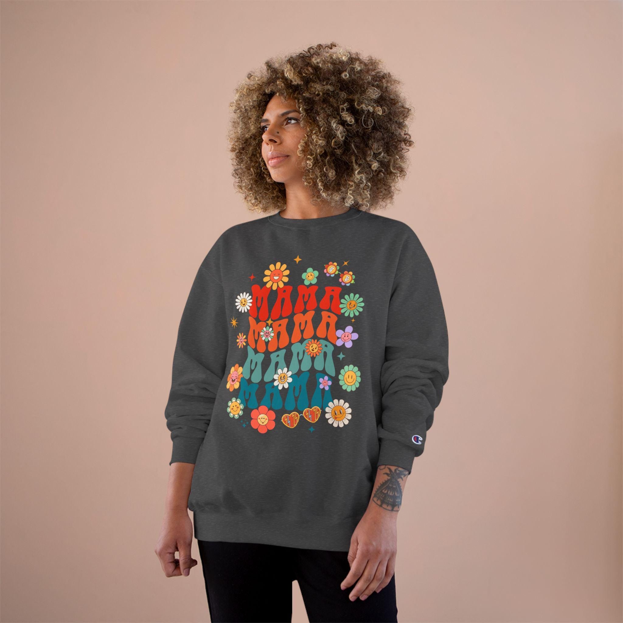 Colorful Floral Mom Champion Sweatshirt, Gift for Mom, Stylish Sweatshirt, Spring Fashion, Cozy Apparel, Mother's Day Gift