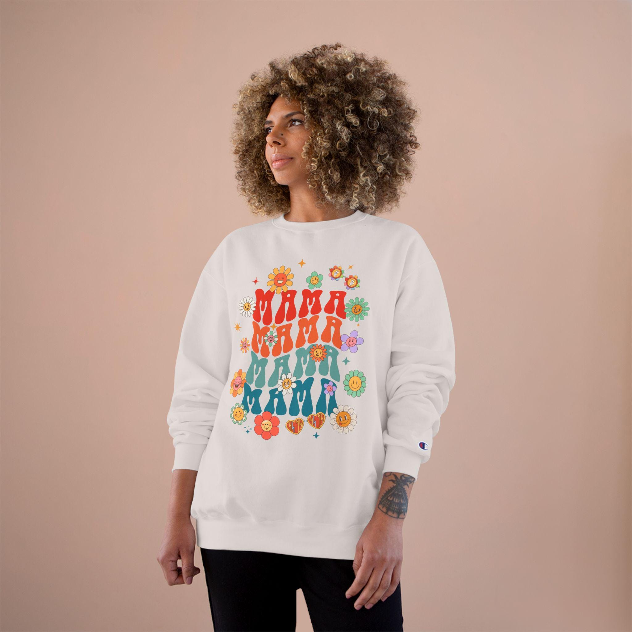 Colorful Floral Mom Champion Sweatshirt, Gift for Mom, Stylish Sweatshirt, Spring Fashion, Cozy Apparel, Mother's Day Gift
