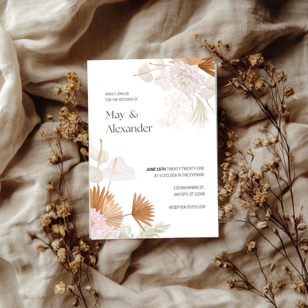 Boho Floral Wedding Invitation | Printable Rustic & Elegant Wedding Card Template