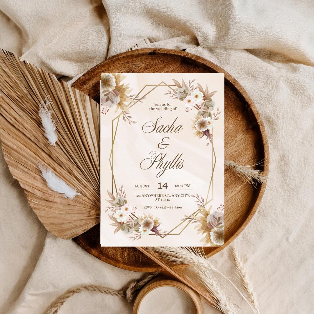 Rustic Gold Floral Wedding Invitation | Editable Printable Wedding Card Template