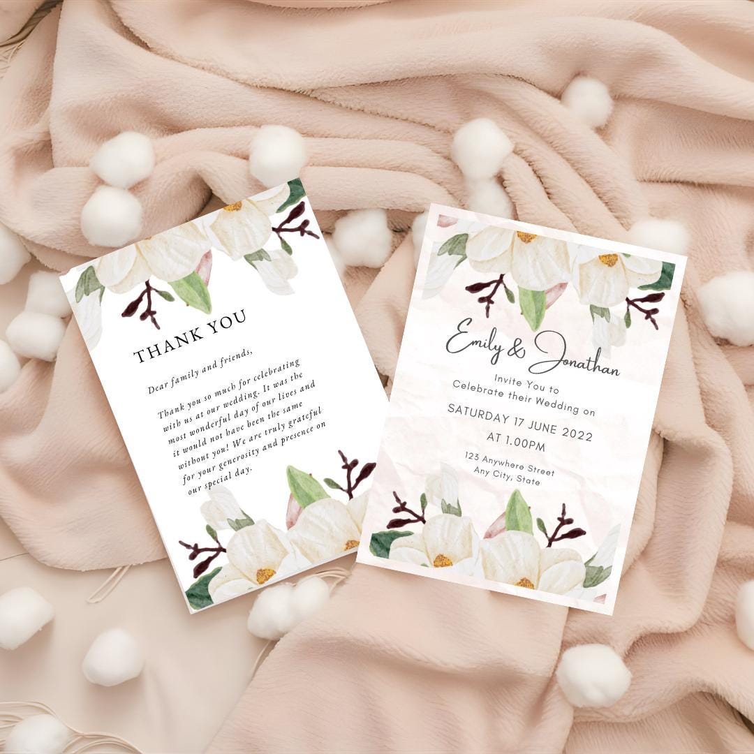 Floral Wedding Invitation & Thank You Card Set | Magnolia Editable Template | Printable Rustic Wedding Stationery | Boho Wedding Suite
