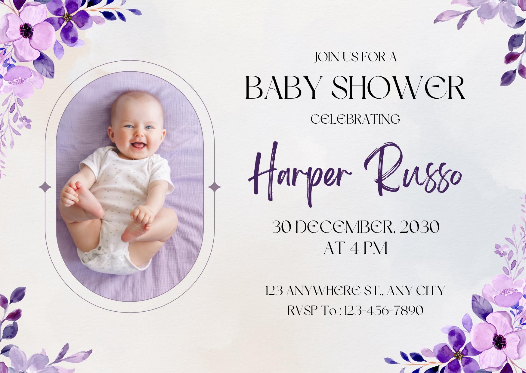 Purple Beige Baby Shower Invitation / Floral Baby Invite / Editable Template / Printable Download / Boho Baby Shower Card