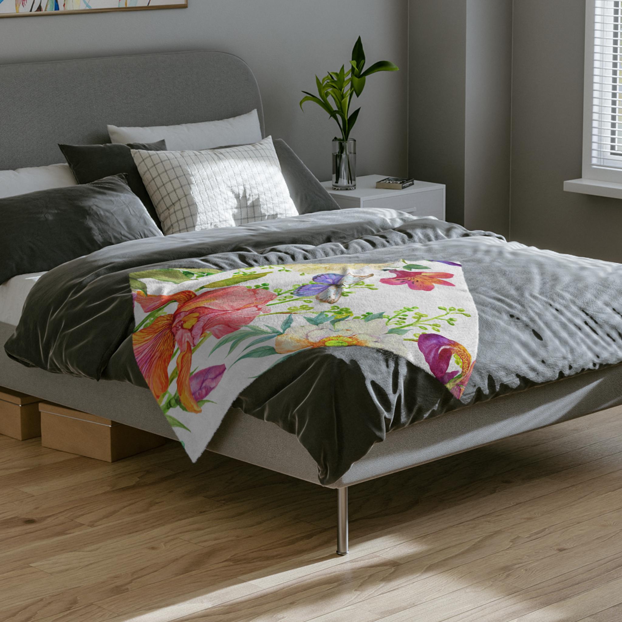 Floral Velveteen Microfiber Blanket | Cozy Floral Throw Blanket, Spring Home Decor, Gifts for Her, Butterfly Design, Soft Bedding