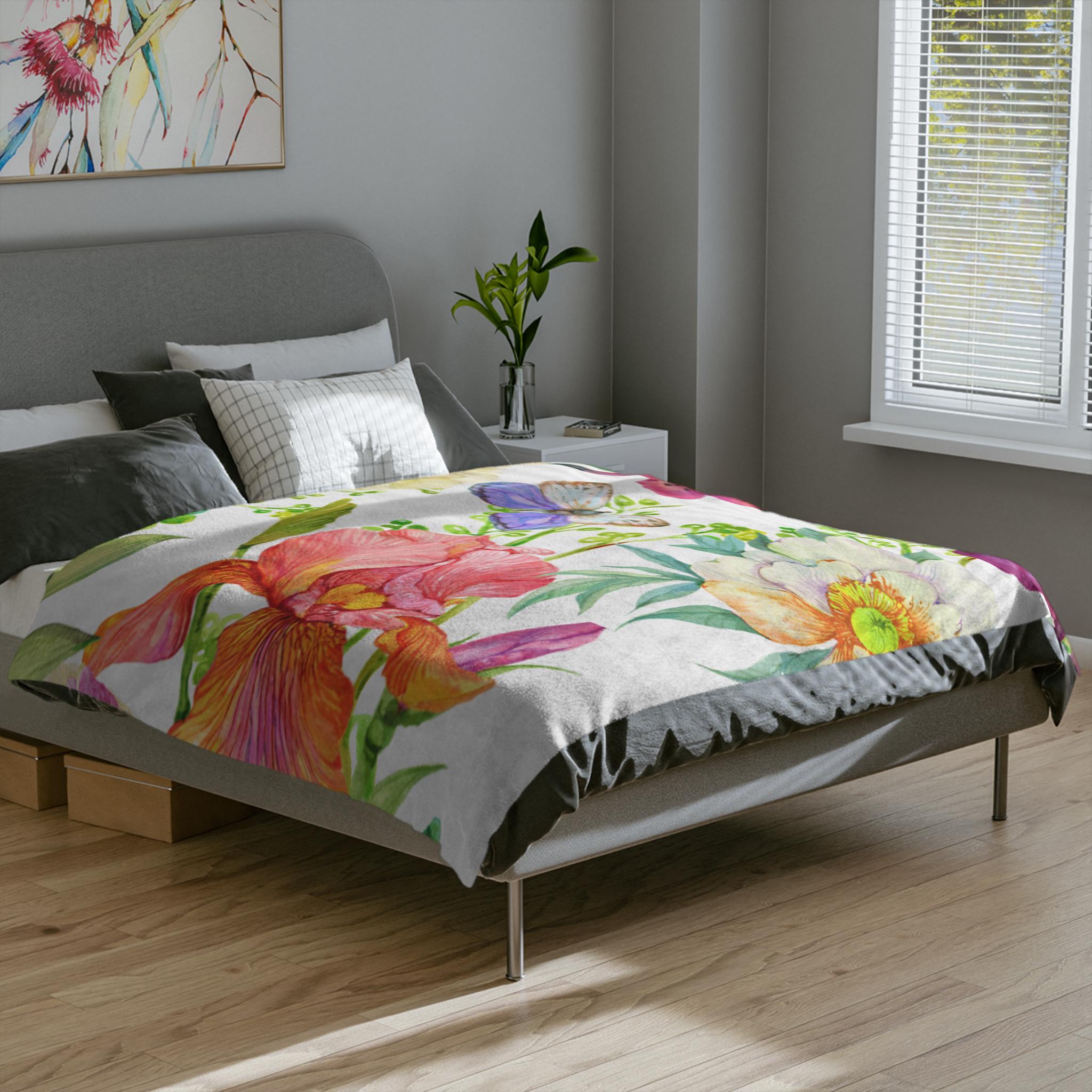 Floral Velveteen Microfiber Blanket | Cozy Floral Throw Blanket, Spring Home Decor, Gifts for Her, Butterfly Design, Soft Bedding